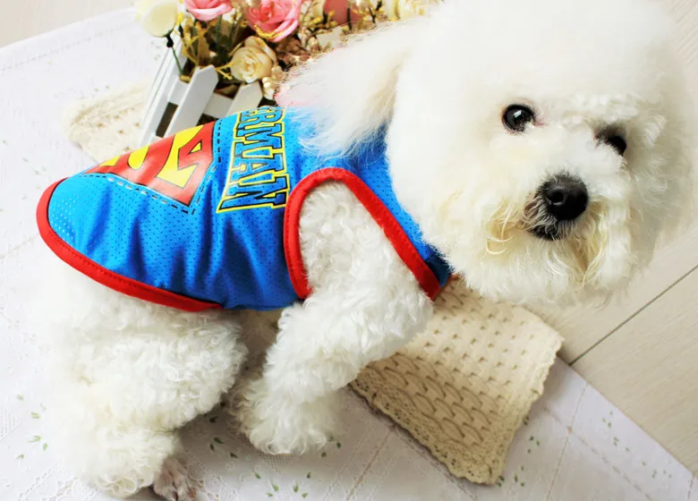 10 шт./лот Супермен собака летние Рубашки для мальчиков собака сетка жилет Спортивная одежда для Щенок Костюм 3 вида цветов S-XXL