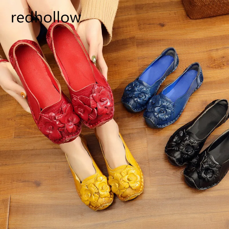 

Hand Made Ethnic Sandals Women Flats Slip On shoes Genuine Leather woman Shoes Soft Flower Retro flat shoes
