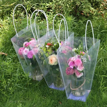 

100pcs/lot Trapezoidal waterproof transparent gift bag plastic PVC Flower shop packaging bag Party holiday flower bags