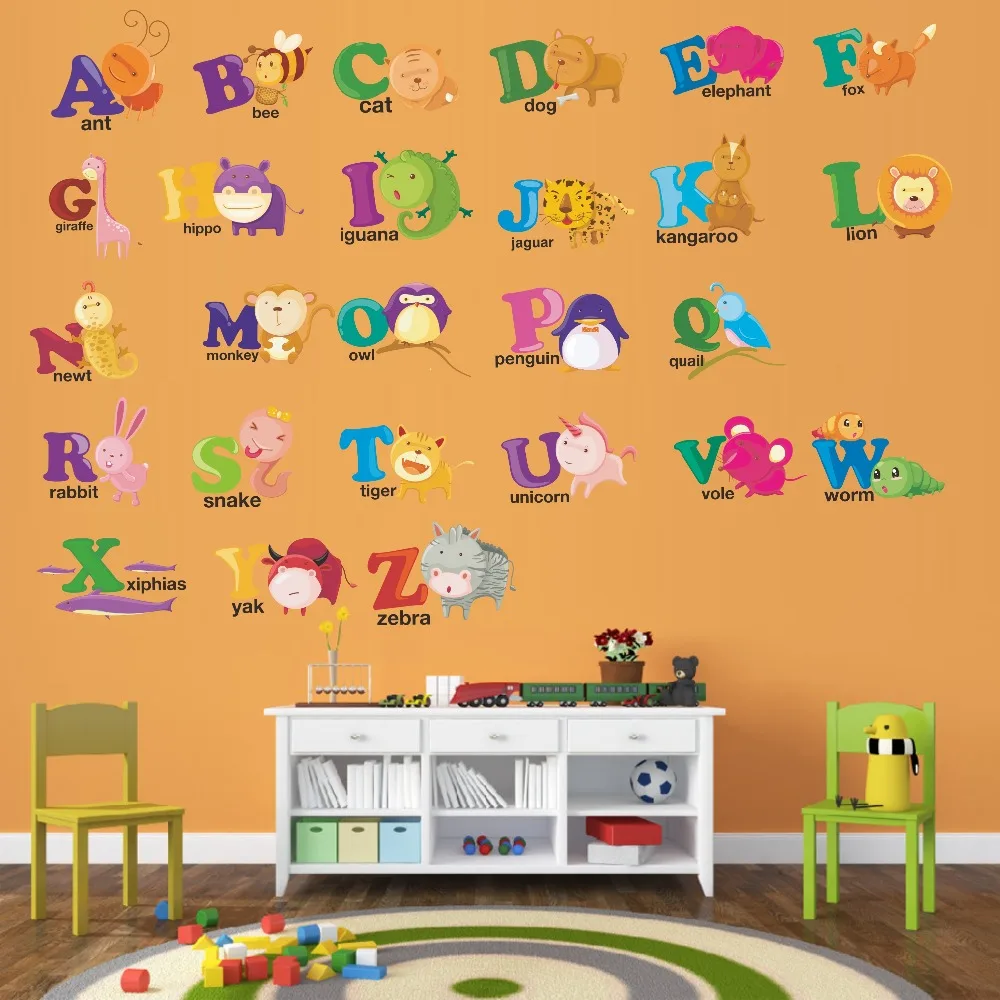 ABC Alphabets Teaching Cartoon Animal Art Decal For Kids Nursery Bedroom Vinyl Wall Sticker Home Decor Self Adhesive Wallpaper