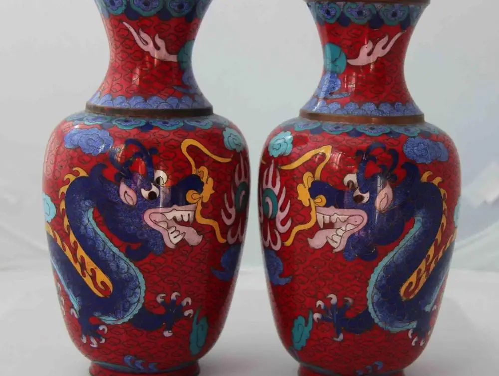 China Copper bronze handwork cloisonne god beast two dragon play bead vase Pair China Copper bronze handwork cloisonne god beast two dragon play bead vase Pair