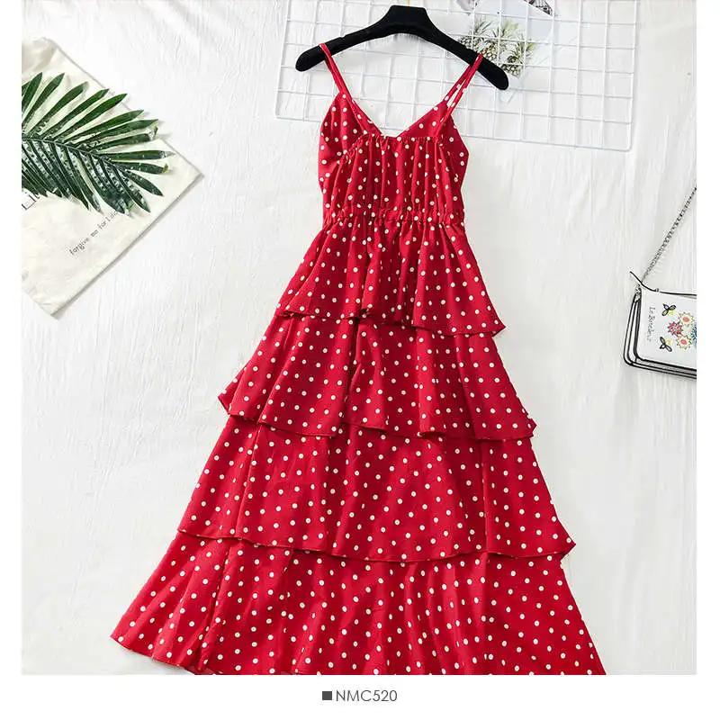 Sweet wind V-neck open back cake strap dress female 2019 new wavelet point long DW16 | Женская одежда