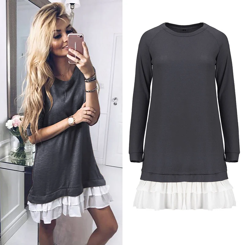

Women Autumn Long Sleeve Warm Dress Hem Ruffle Stitching Short Dress New
