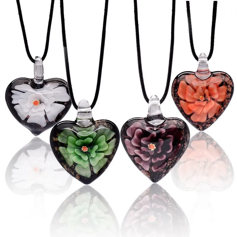 Handmade Colored Glaze Flower Glass Heart Pendant Necklace Leather