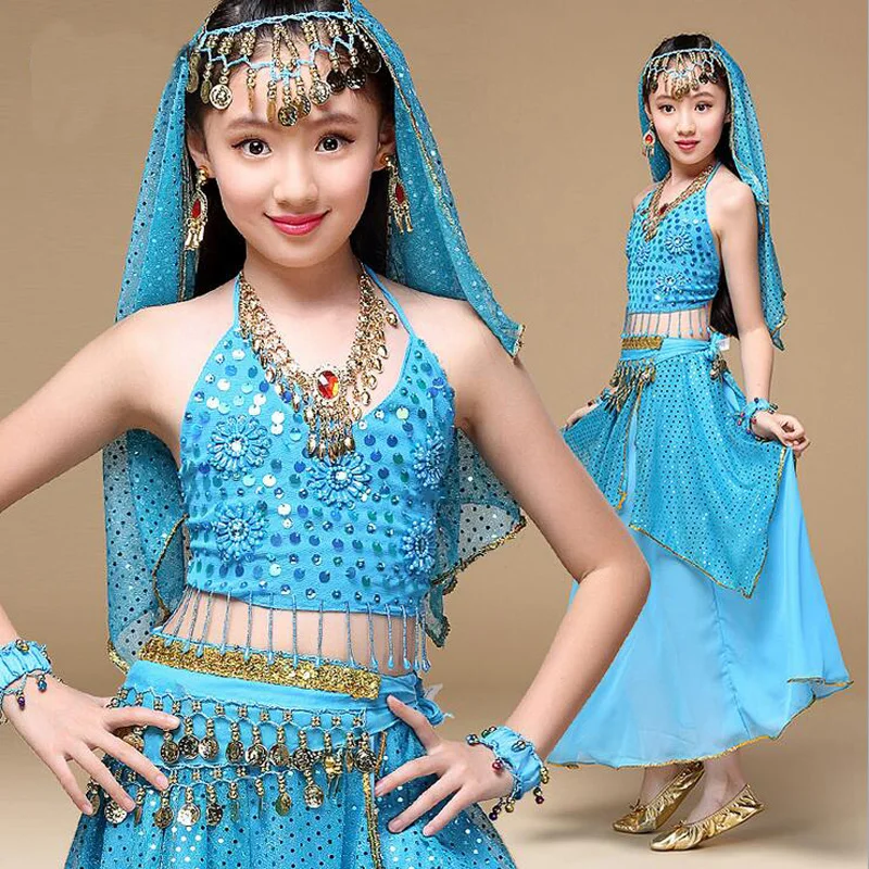 Детские танцевальные костюмы с блестками для танца живота для девочек Болливуд индийская одежда для выступлений танец живота 5 шт./компл. 4 цвета