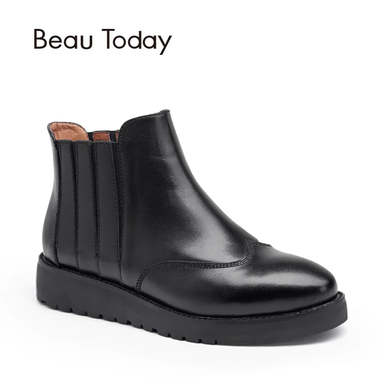 

BeauToday Wingtip Chelsea Boots Women Genuine Leather Elastic Ankle Length Shoes Round Toe Casual Lady Boot Handmade 05007