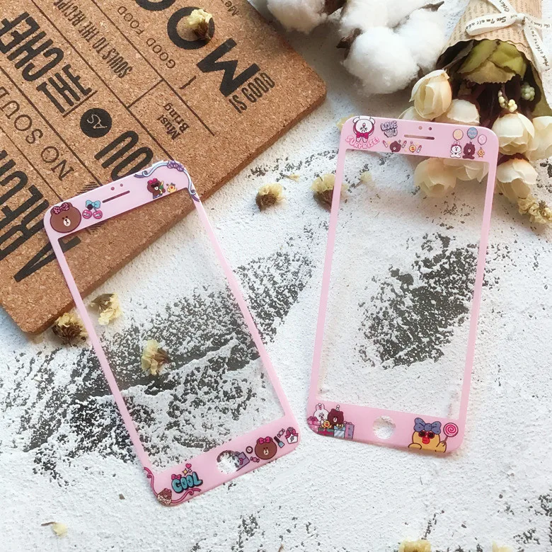 

10pcs/lot Cartoon Bear Bunny Party Pink Carbon Fiber Front Screen tempered glass Film For iPhone8 6S/7PLUS Screen Protection