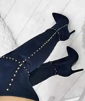 

2018 Fashion Blue Suede Leather Women Over The Knee Boot Gold Studs Ladies High Heel Boots Sexy Point Toe Rivets Motorcycle Boot