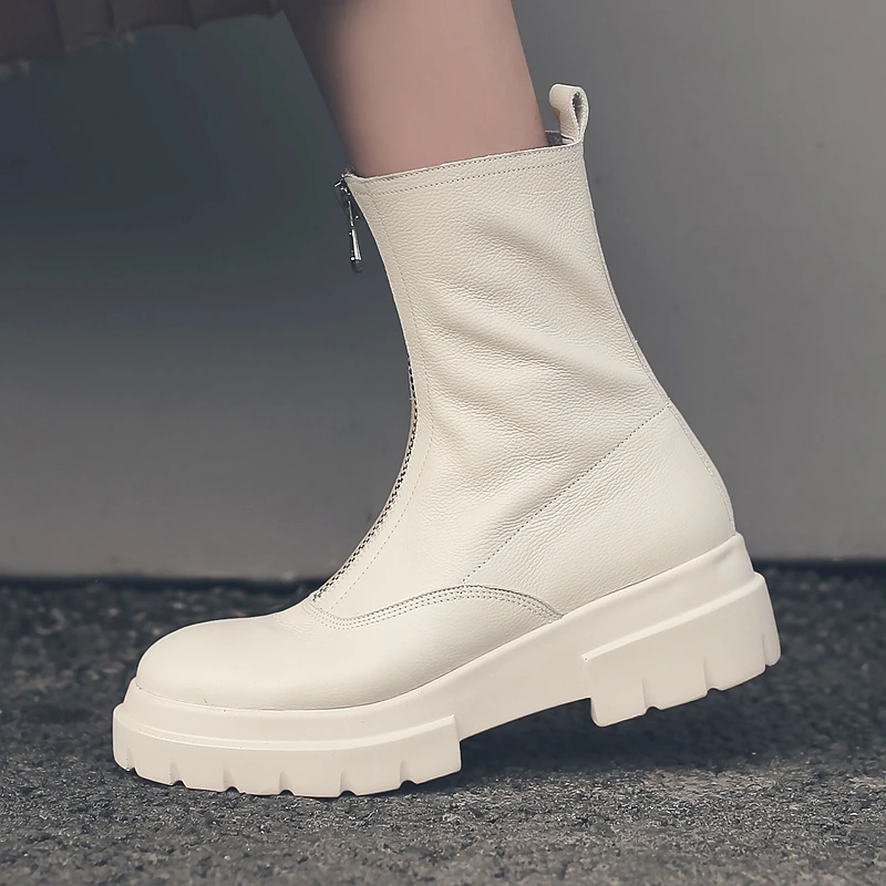 

Vangull Women Genuine Leather Boots fashion Handmade cow leather patent leather short boots Front zipper platform Martin boots