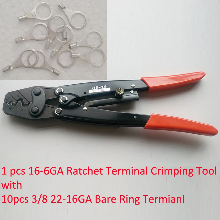 

HS-16 Ratchet Terminal Crimper for Non-insulated AWG16-6 with 10 3/8 22-16Ga Wire Ring Terminal Connector Uninsulated