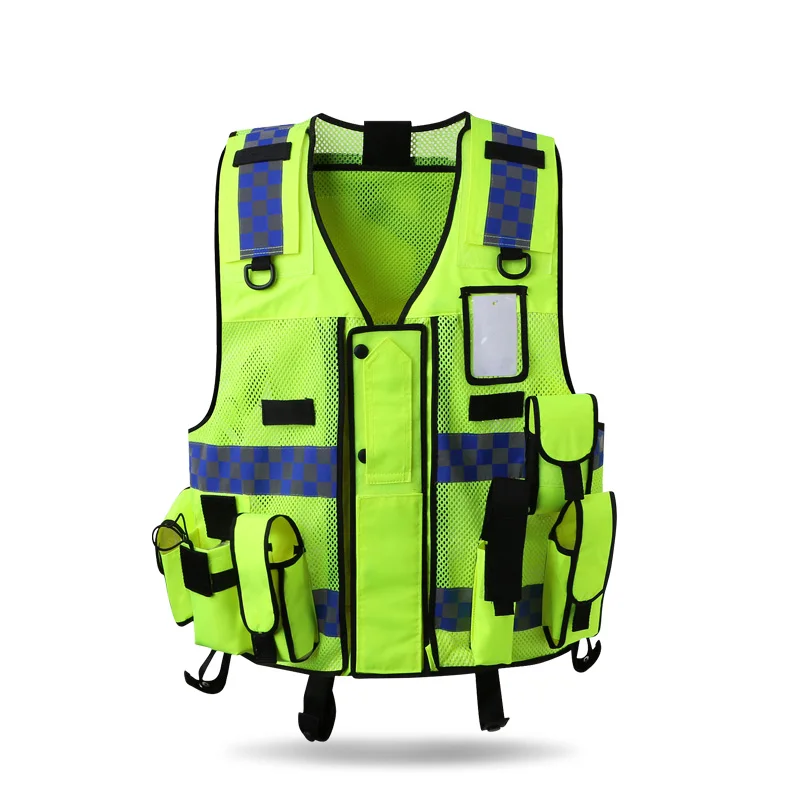 Reflective vest multi-pockets construction workwear safety protection vest traffic road fluorescent clothes outdoor work jacket  (8)