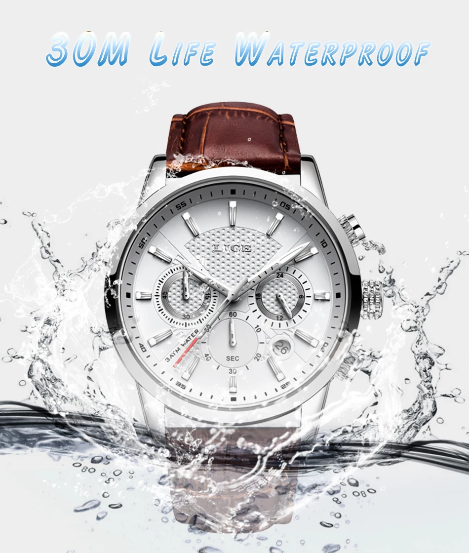 LIGE Multifunction Mens Watches Top Brand Luxury Casual Quartz Watch Men Sport Waterproof Clock Silver Watch Relogio Masculino
