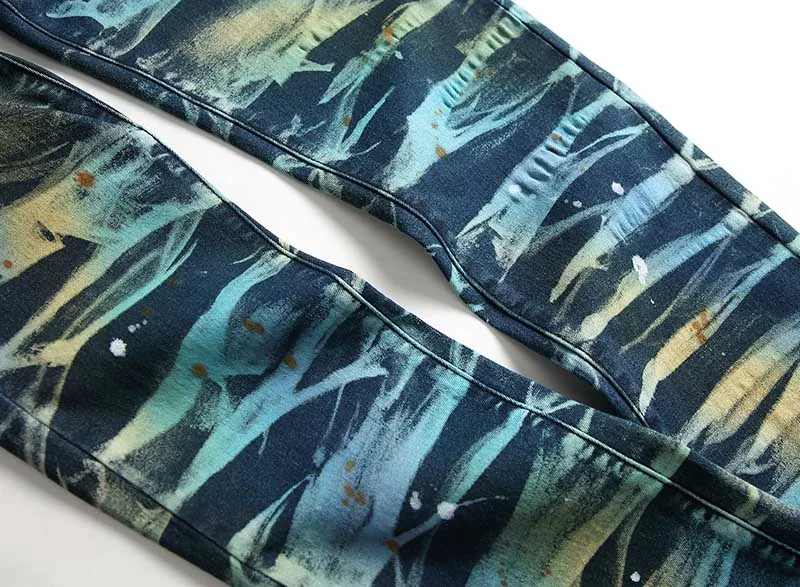 Mcikkny New Fashion Men's Painted Jeans Pants Slim Fit Stretch Straight Denim Trousers For Male Washed Size 28-42  (15)