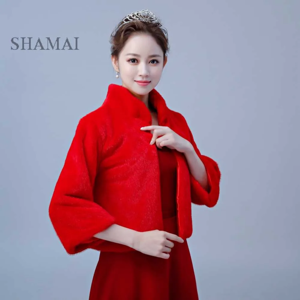 SHAMAI Красная Зимняя Свадебная куртка из искусственного меха теплые Болеро Свадебная накидка для невесты Высококачественная свадебная накидка