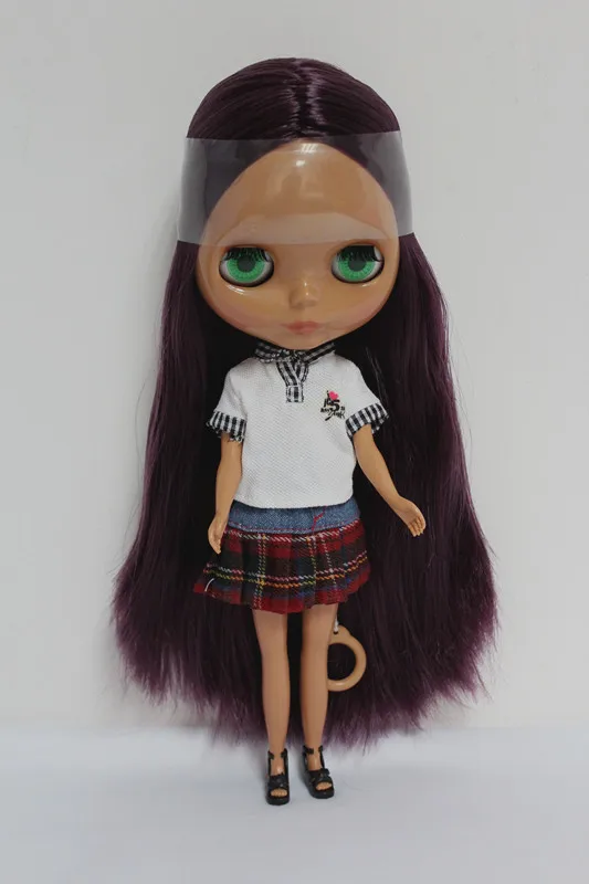 Blygirl Глубокий фиолетовый вьющиеся волосы Blyth Кукла Черная кожа Обнаженная кукла обычное тело 7 суставов может изменить макияж