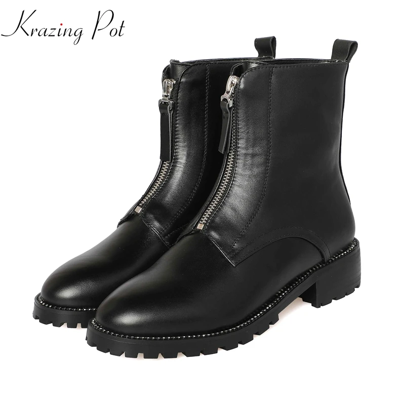 

Krazing Pot 2018 genuine leather winter recommend plus size zipper thick med heel round toe warm black handsome ankle boots L3f2