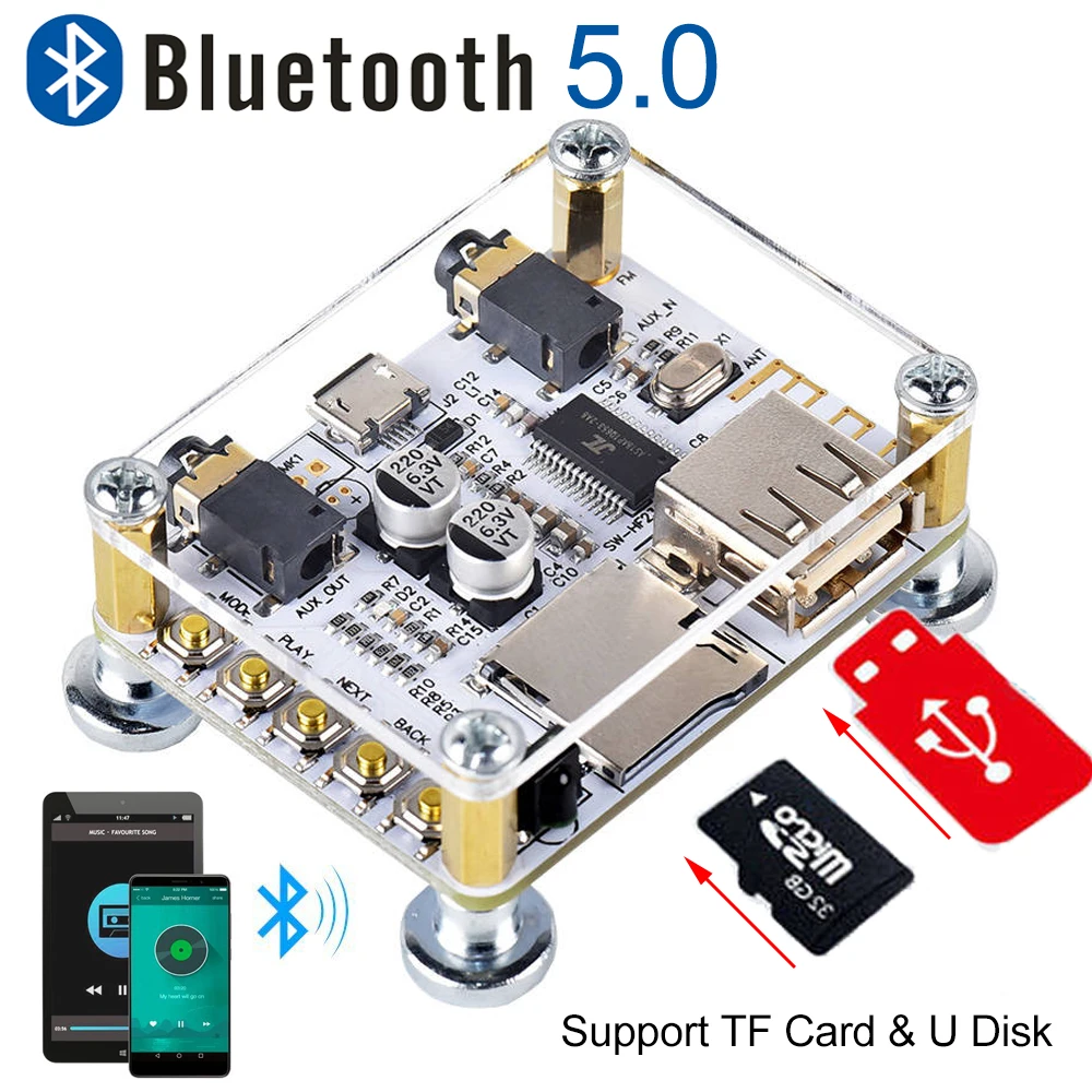 

JINSERTA Bluetooth 5.0 Audio Receiver Module Wired Speaker Transmitter Support U Disk TF Card Music Play 3.5mm AUX Player