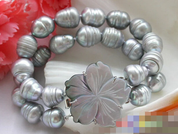 

free shipping 12672 2row rice Screw gray freshwater cultured pearl bracelet