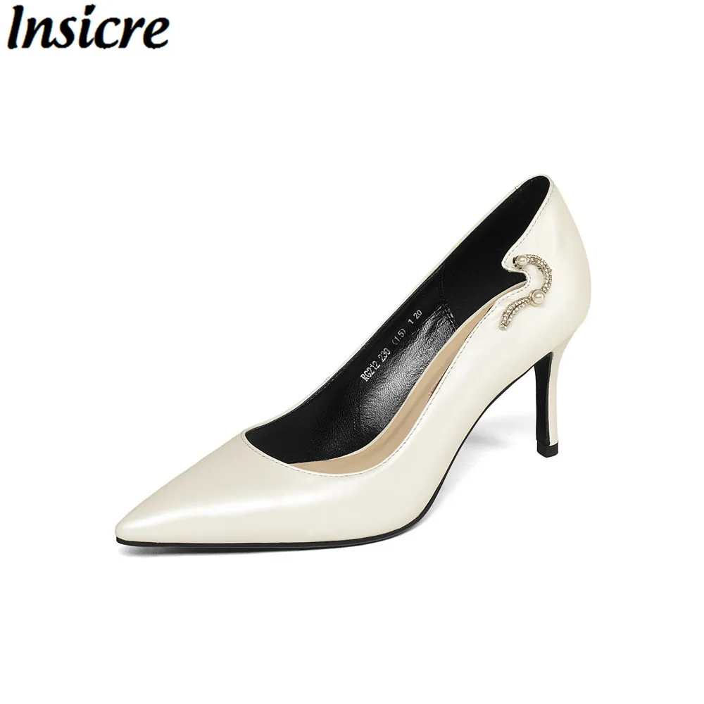 

Insicre Fashion Elegant Genuine leather Women Sexy Pumps High Heels Rhinestone Design Pointed Toe Party solid color Shoes