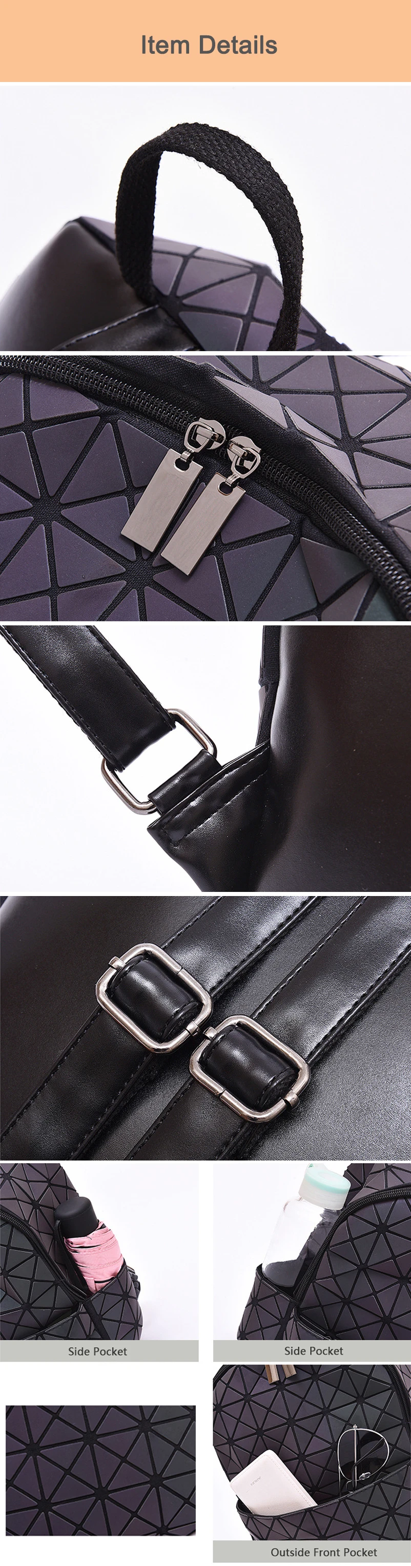 Nevenka Luminous Backpack Women Leather Geometric Backpacks Diamond Lattice Drawstring Backpacks Holographic Backpack Purse 201816