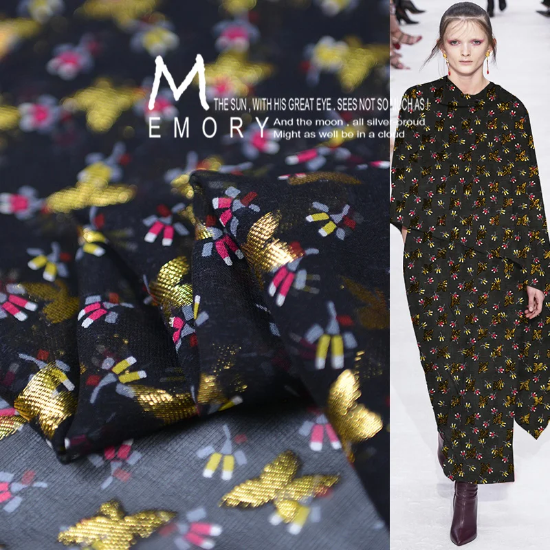 

Gold glitter silk gauze black print silk chiffon geoegette fabric
