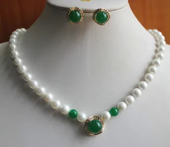 

wholesale good fashion lady's 8mm white shell pearl decorated with green gem necklace 12mm gem earrings jewelry set for party
