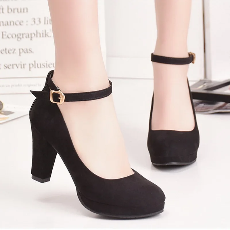

Spring Women Pumps Flock Sweet Thick High Heels Ankle Strap Female Platform Classic Round Toe Dress Cute Shoes Ladies Footwear