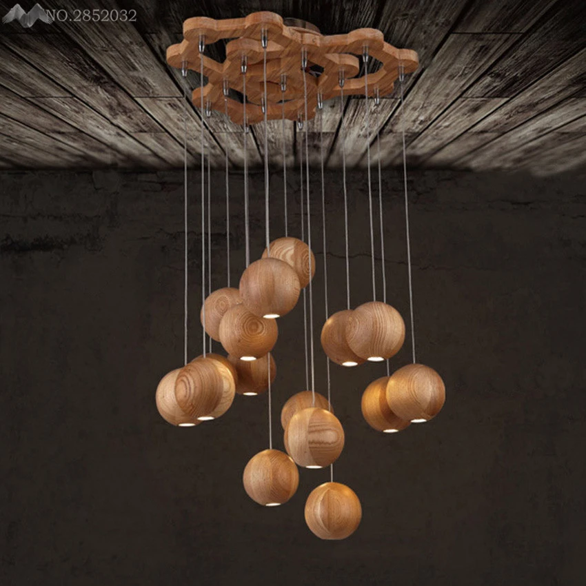 

LFH Creative Pastoral Pendant lights Nordic Led Wooden Ball Shade Pendant Lamp for Dining Room Clothing Store Hanging Lamp Deco