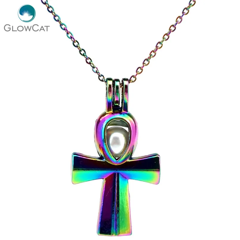 

C677 COLORS Egyptian Ankh Cross Beads Cage Necklace Pendant Aroma Essential Oil Diffuser Locket Necklace