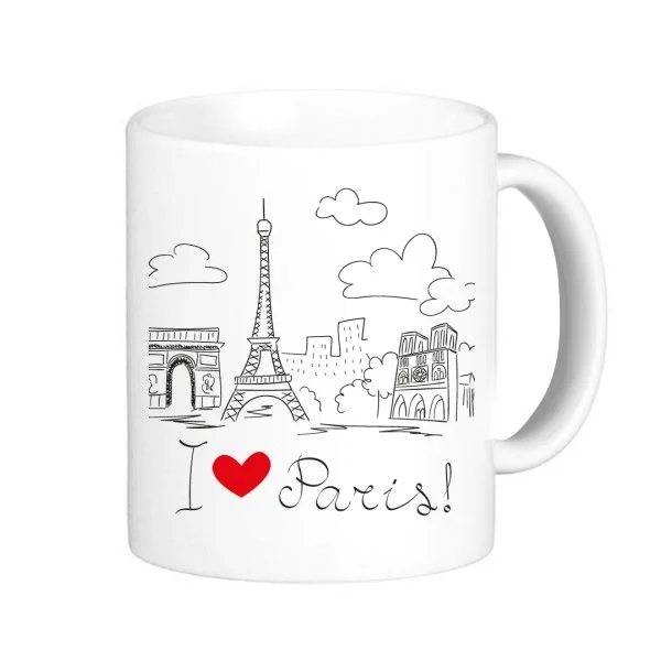 

I Love Paris France Landmark Custom Landscape Illustration Pattern Classic Mug White Pottery Ceramic Cup Milk With Handles 350ml