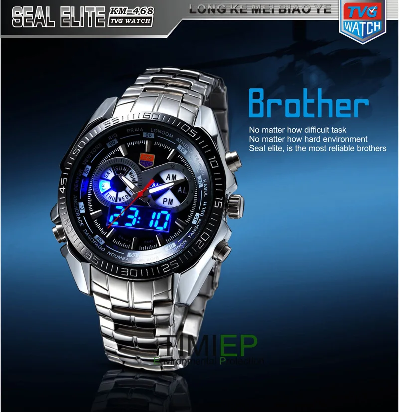  TVG Mens 2019 Hight Quality Full Steel Clock Blue Binary Pointer LED Digital Watch Military Sport W