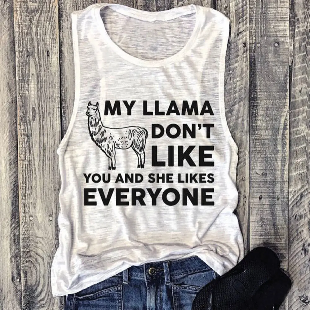 

Casual Female Harajuku Tops Ladies Fashion Women Tank Tops Summer Sleeveless Tops Tee My Llama Don't Like You Letter Print Tank