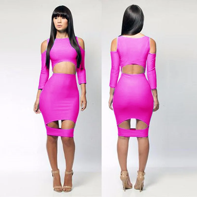 Elegant Women Summer Dress Long Sleeves Cut Out Solid 6 Colors O-Neck Bodycon Knee-Length Dress Party Vestido De Festa for Women (5)