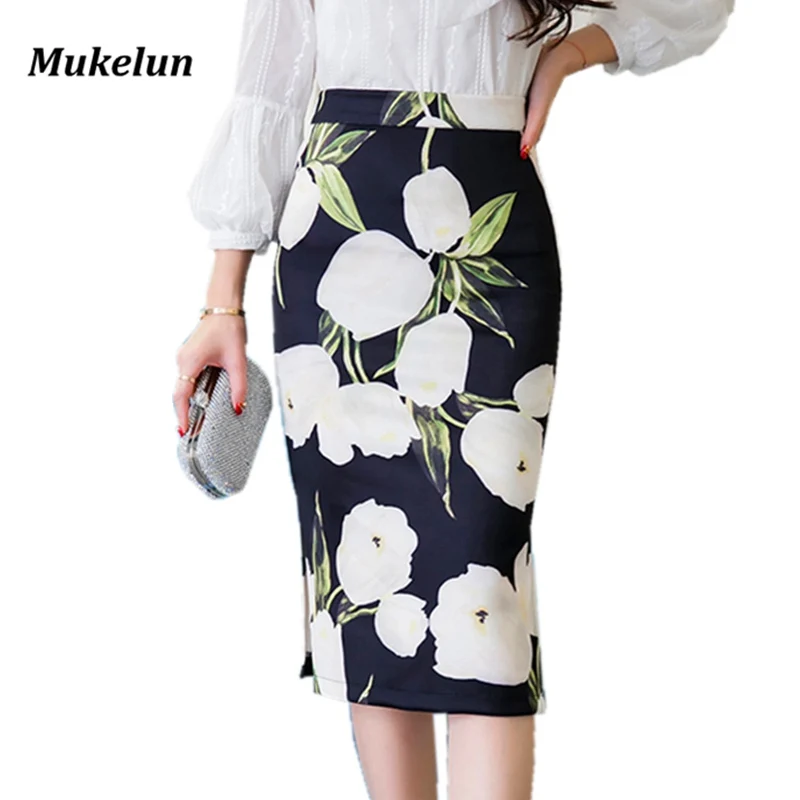 

S-3XL Women Floral Print High Waist Pencil Skirt 2019 Summer Lady Office Bodycon Printed Skirt Female Elastic Work Skirt