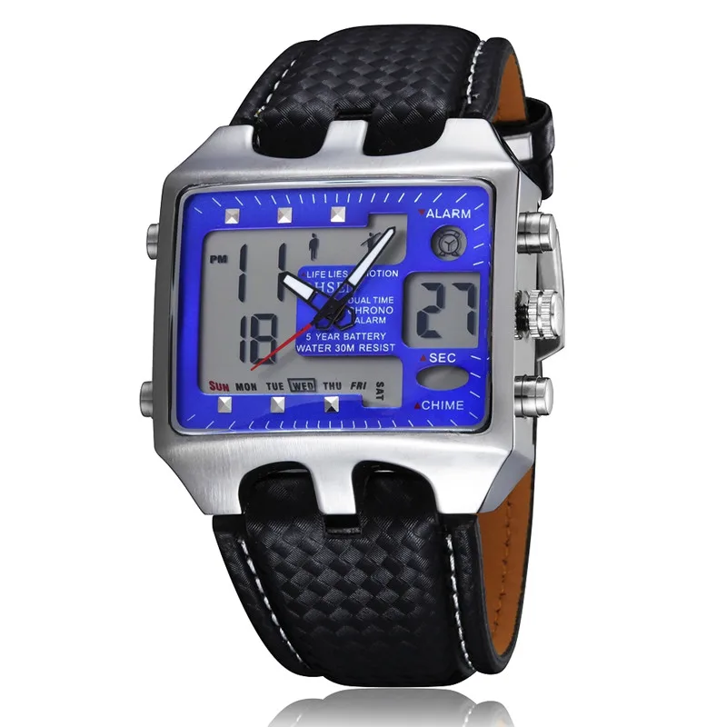 OHSEN цифровые часы мужские водонепроницаемые аналоговые светодиодные спортивные часы для мужчин кожаный браслет Будильник наручные часы Relogio Masculino 0930 - Цвет: black blue
