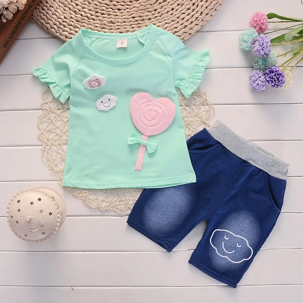 Toddler Baby Girls Cartoon clothes Short Sleeve Cartoon Print Tops+Denim Shorts Set Outfits costume kids girls clothing set - Цвет: Зеленый