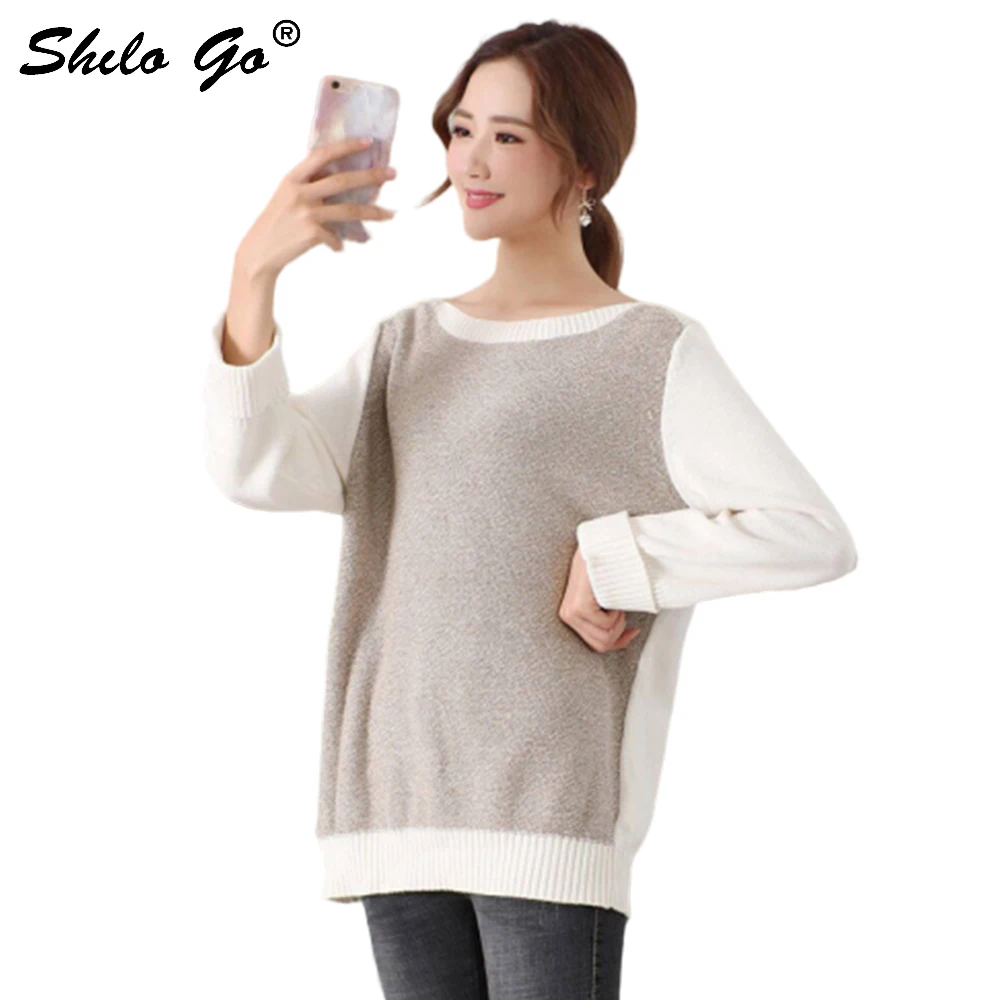 100% Cotton Shoulder Off Sweater Women Spring Plus size Casual Long Sleeve Sweater Tops Streetwear Patchwork Pullover Jumper