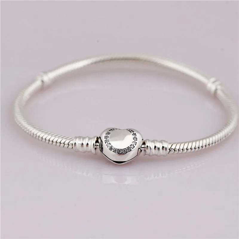 

925 Sterling Silver Bead Charm Snake Chain Fit Original Pandora Bracelet with Circle Zirconia Heart Clasp for Women DIY Jewelry