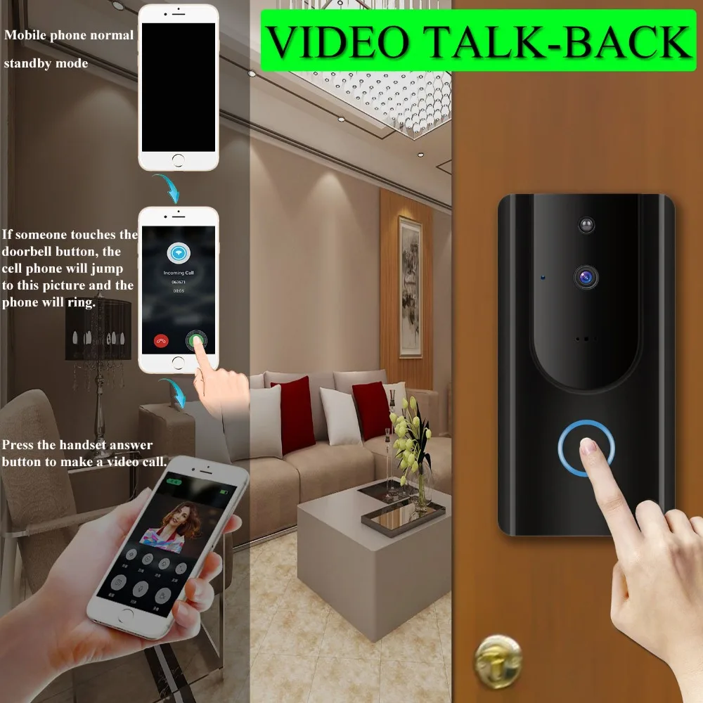 720P Wifi Video Doorbell Security Camera Motion Detection Alarm Built-in TF Card Two Way Audio Battery APP Control