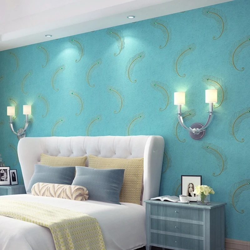 beibehang embroidery wallpaper Continental 3D drilling non - woven peacock blue feather bedroom living room TV background wal beibehang embroidery wallpaper Continental 3D drilling non - woven peacock blue feather bedroom living room TV background wal