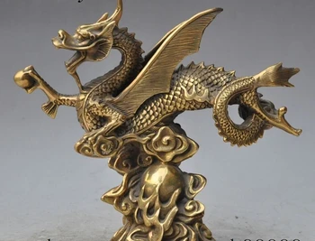 

9"lucky chinese fengshui brass zodiac fly dragon beast play bead animal statue