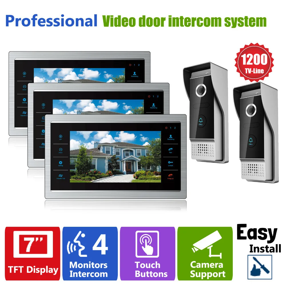 Homefong 7 Inch  Video Doorphone Doorbell Intercom System Waterproof Door Access Control Ring Video Doorbell  2V3