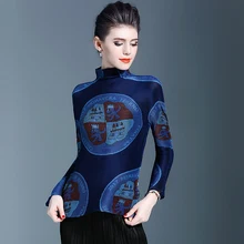 Changpleat Для женщин Водолазка Футболки для женщин Топы корректирующие miyak плиссированные модные Дизайн Slim большой стрейч с длинным рукавом Футболка с принтом для Для женщин