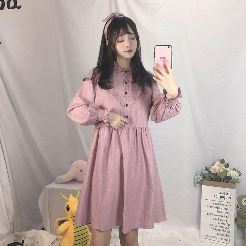 

Japanese Korean Cute Corduroy Pink Dresses Women Long Sleeve Black Pleated 2018 Mori Girl Vintage Ruffle Lady Shirts Vestidos