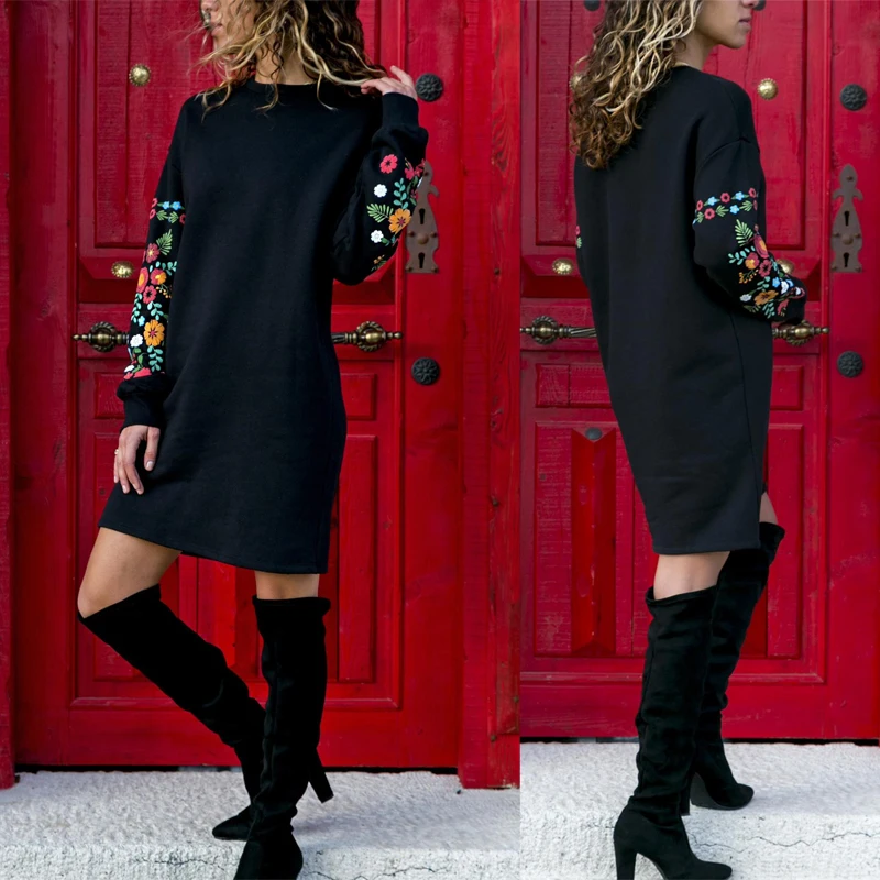 

Womens Casual Style Printed Dresses Long Sleeved Floral Robe Femininas Round Neck Loose Straight Dress Vestidos SJ1241U