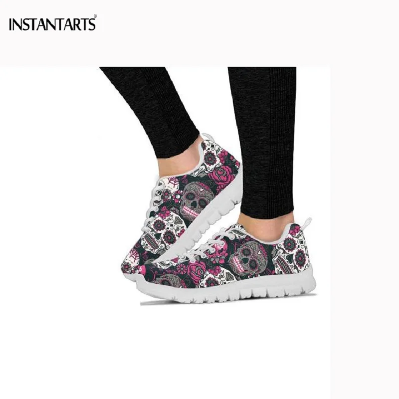 INSTANTARTS Punk/Classical Trendy Sugar Skulls Print Woman's Summer Mesh Flats Shoes Girl Leisure Lightweight Lace Up Sneakers | Обувь