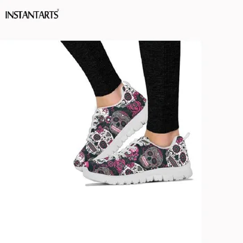 

INSTANTARTS Punk/Classical Trendy Sugar Skulls Print Woman's Summer Mesh Flats Shoes Girl Leisure Lightweight Lace Up Sneakers