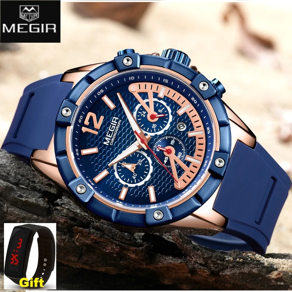 

MEGIR Chronograph Sport Men Watch Silicone Creative Quartz Watches Men Clock Hour Army Military Wristwatches Relogio Masculino