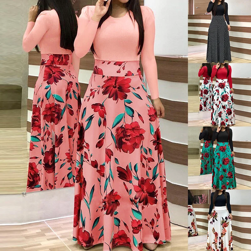 Women Long Sleeve Boho Polk Dot Maxi Dress New Fashion Floral Print Evening Party Dresses Women's Dresses Female Casual Vestidos