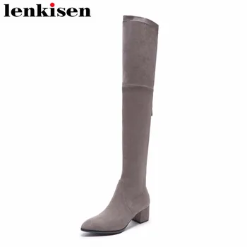 

Lenkisen new arrival zipper med heels solid pointed toe flock european style high fashion women classic over-the-knee boots L67